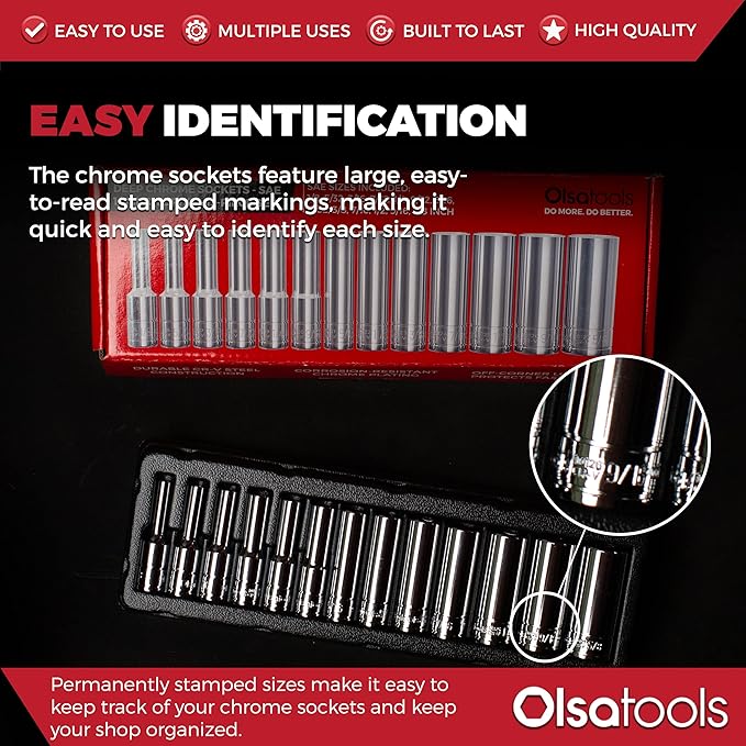 Olsa Tools SAE Deep Socket Set - 1/4-Inch Drive, 13pc - 6-Point Chrome Sockets from 1/8" to 5/8" and No Skipped Sizes - Mechanic Deep SAE Socket Set - Professional Grade Long Sockets - Part: 1329