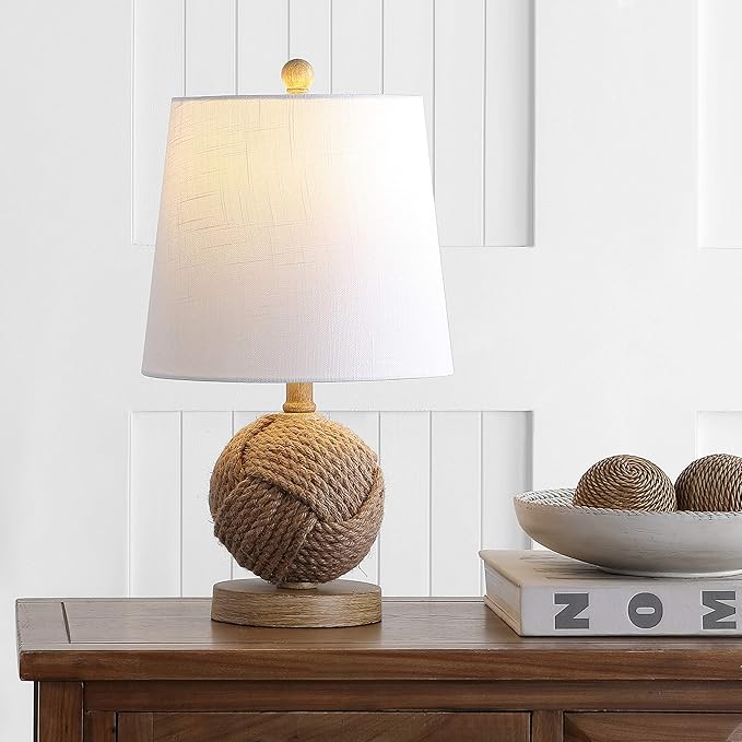 JONATHAN Y 18" Natural Monkey Fist Rope Ball LED Table Lamp, Coastal Nautical Iron and Rope Accent Lamp for Living Room Bedroom, White Linen Shade, LED Bulb Included JYL6500A