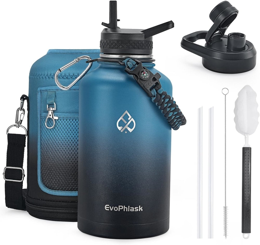 64 oz Insulated Water Bottle with Carrier Bag, Half Gallon Stainless Steel Water Bottle Keep Cold 48Hrs, Vacuum Insulated Large Water Jug for Gym, Travel, Hiking, Indigo Black