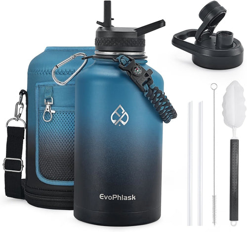64 oz Insulated Water Bottle with Carrier Bag, Half Gallon Stainless Steel Water Bottle Keep Cold 48Hrs, Vacuum Insulated Large Water Jug for Gym, Travel, Hiking, Indigo Black
