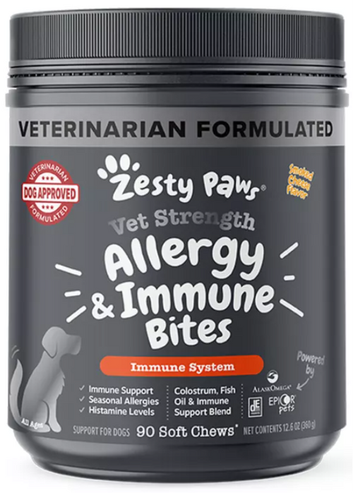 Zesty Paws Dog Vet Strength Allergy & Immune, Fish Oil & Immune Blend, Smoked Cheese Flavor, 90ct