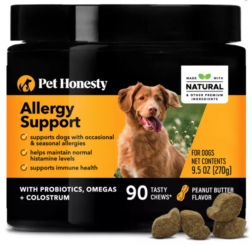 Pet Honesty Dog Allergy Support Supplement, Occasional & Seasonal Allergies, Peanut Butter, 90ct