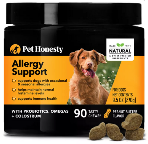 Pet Honesty Dog Allergy Support Supplement, Occasional & Seasonal Allergies, Peanut Butter, 90ct