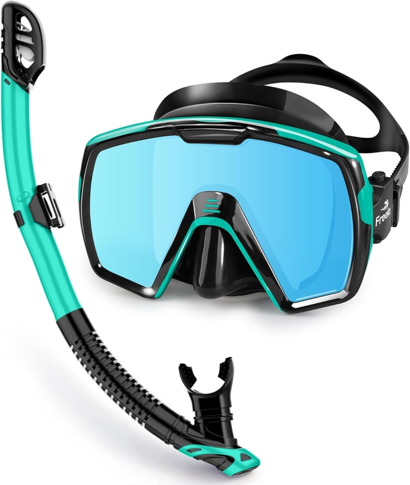 Freela Adult Dry Snorkel Set with Mirrored Lens Anti-Fog 180° Wide View Anti-Fog, Scuba Diving Mask with Nose Cover, Snorkeling Gear for Men Women